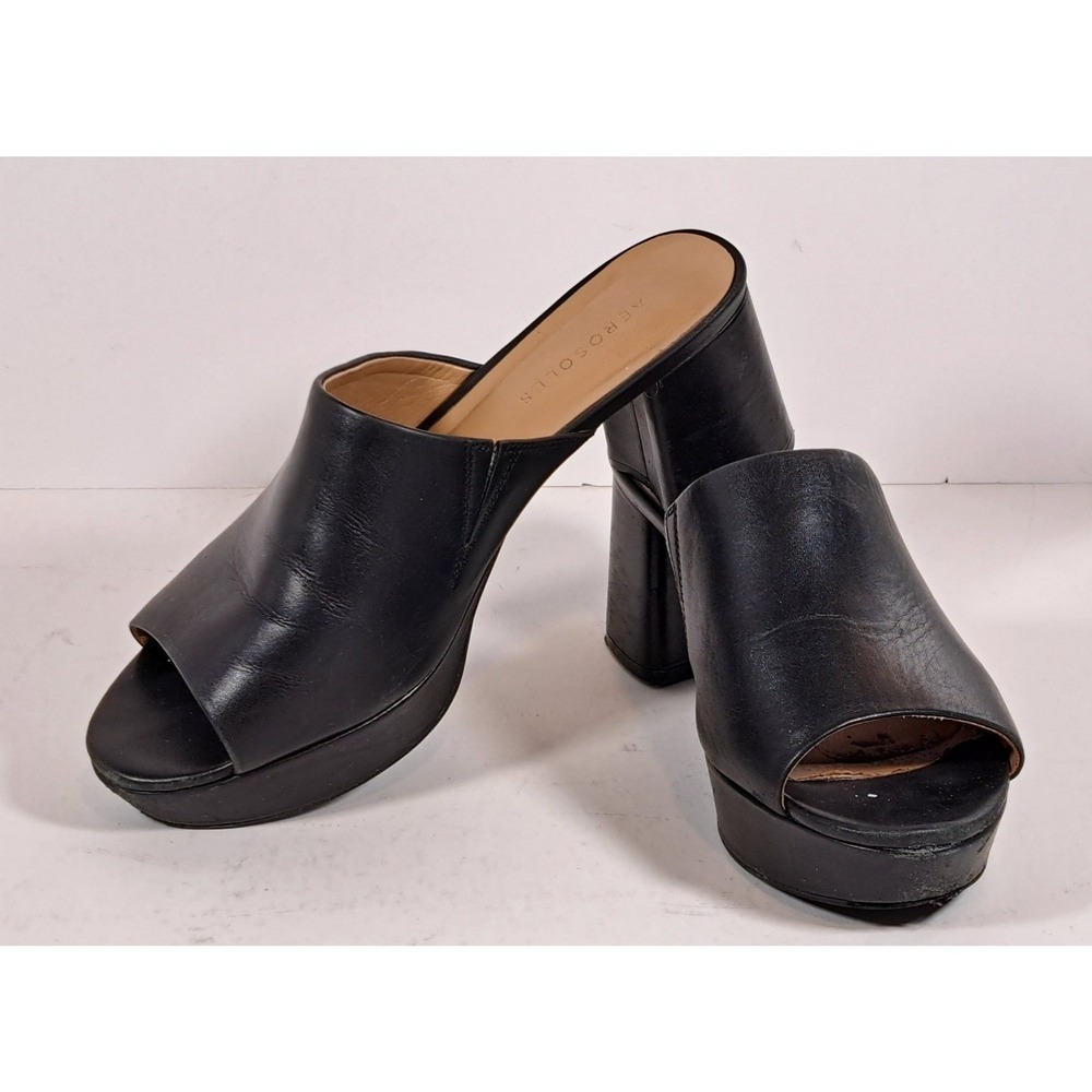 Aerosoles Cassy Black Leather Platform Slide Block Heel Sandals Womens 7.5